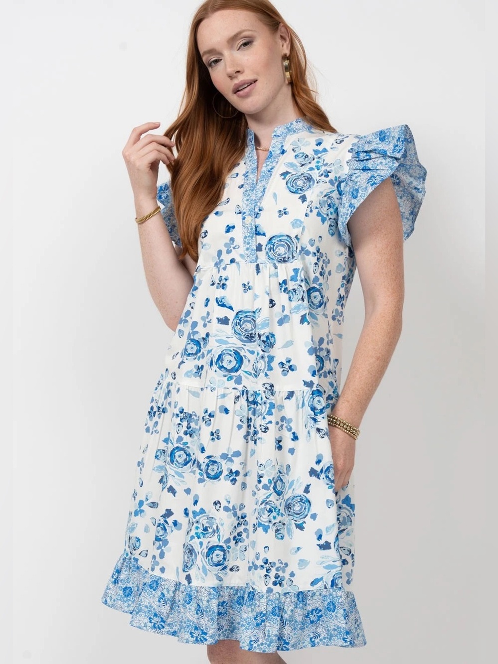 Uncle Frank White and Blue Floral Tiered Mini Dress Ivy Jane china plate blue
